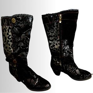 Embellished black & silver leather boots
